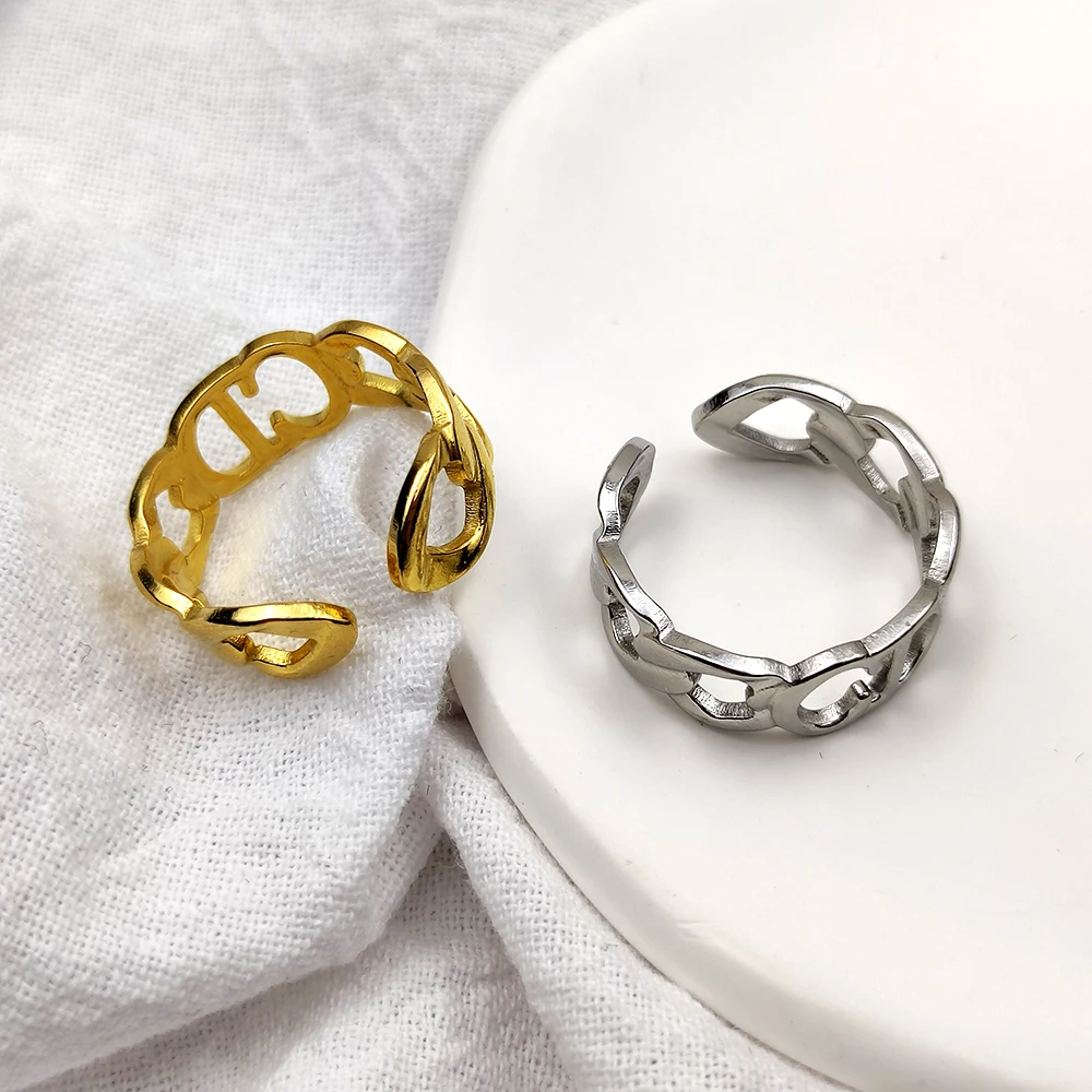 

New Rings for Men Cool Cuban Chain Shape Open Adjustable Rings Fashion Stainless Steel Letter Gold Ring Women Punk Party Jewelry