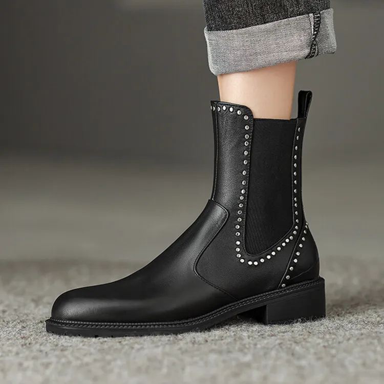 

2022New Fashion Women Chelsea Boots Black Leather Autumn Ankle Botas Rivets Studded Lady Riding Botines Punk Design Booties
