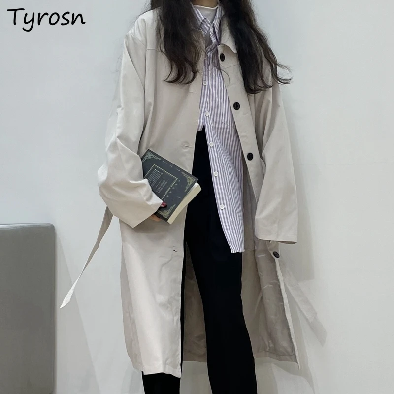 

Autumn Women Black Trench Sash Temperament High Street Single Breasted Over Knees Coats Lazy Retro Turn Down Collar Windbreaker