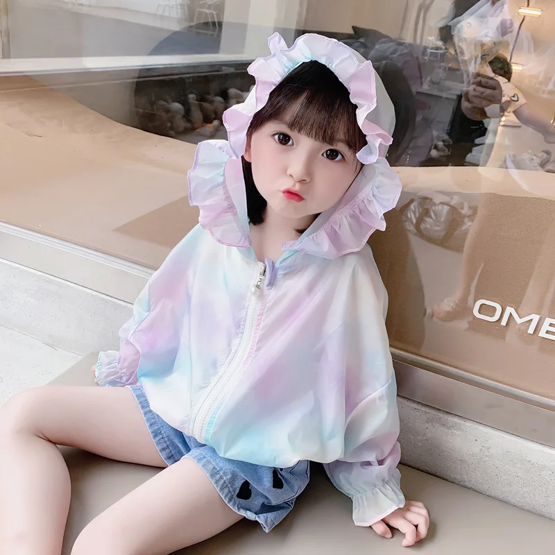 

Sun Protection Clothes for Baby Girls Summer Long Sleeve Coat Hooded Zipper Thin Cool Breathable Rainbow Kids Hooded Clothing