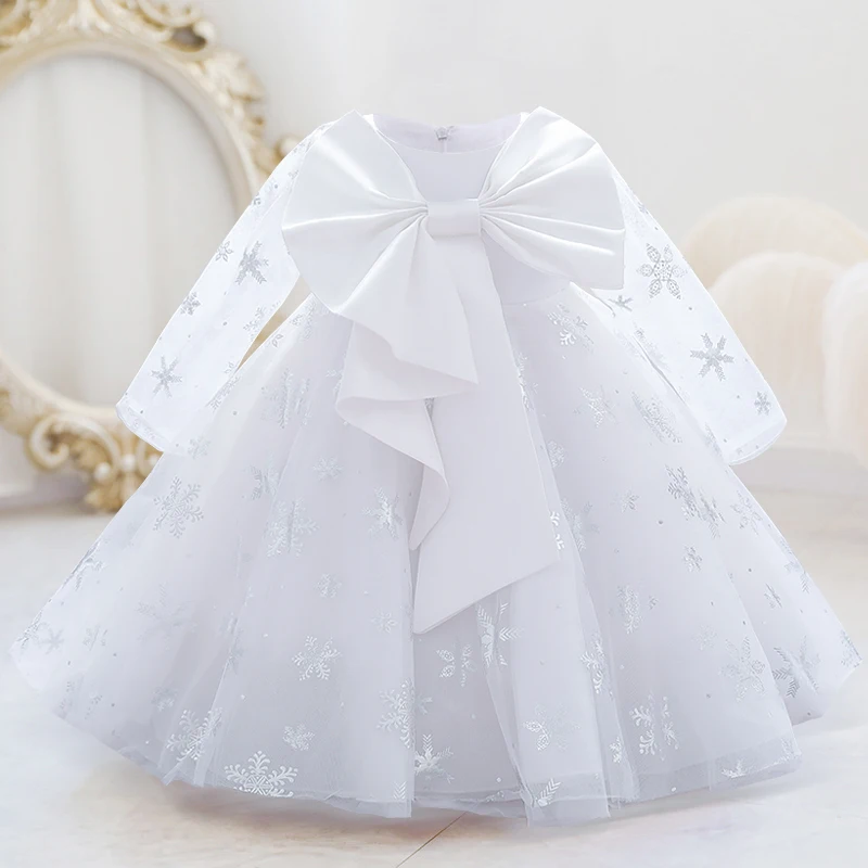

2022 Summer Long Sleeve Big Bow Baptism 1 Year Birthday Dress For Baby Girl Clothing Princess Dresses Lace Party Dress Gown