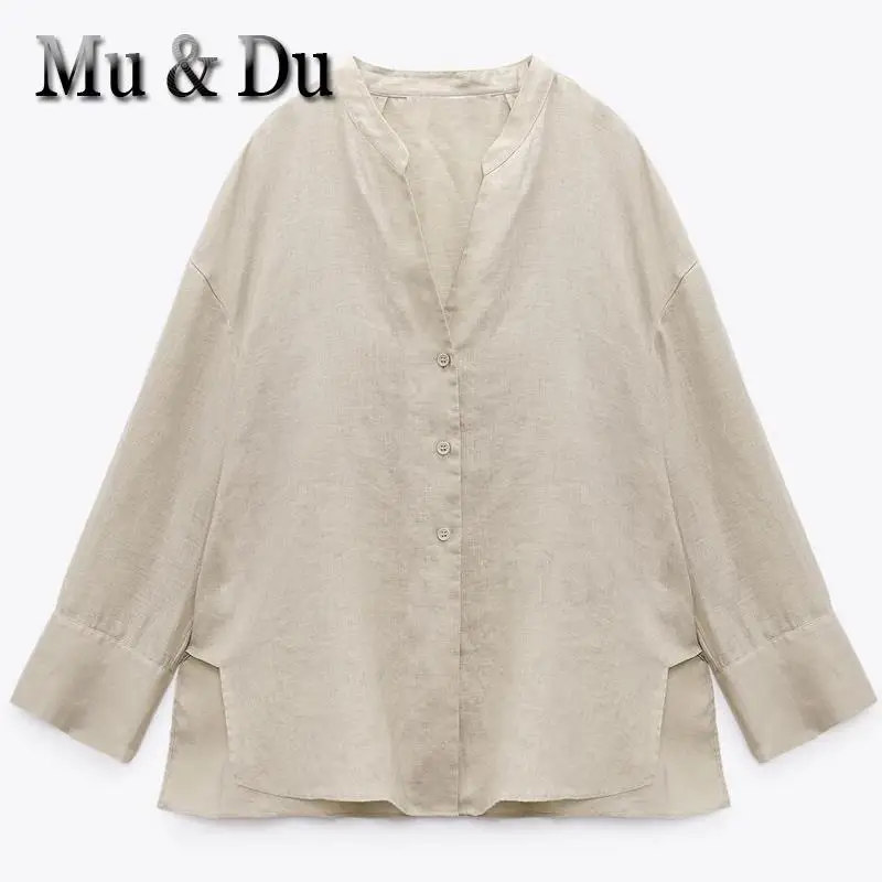 

Mu&Du 2023 Summer Women's Solid Simple Asymmetric Linen Shirt Female Casual Loose Single Breasted V-neck Blouse Blusas Tops New