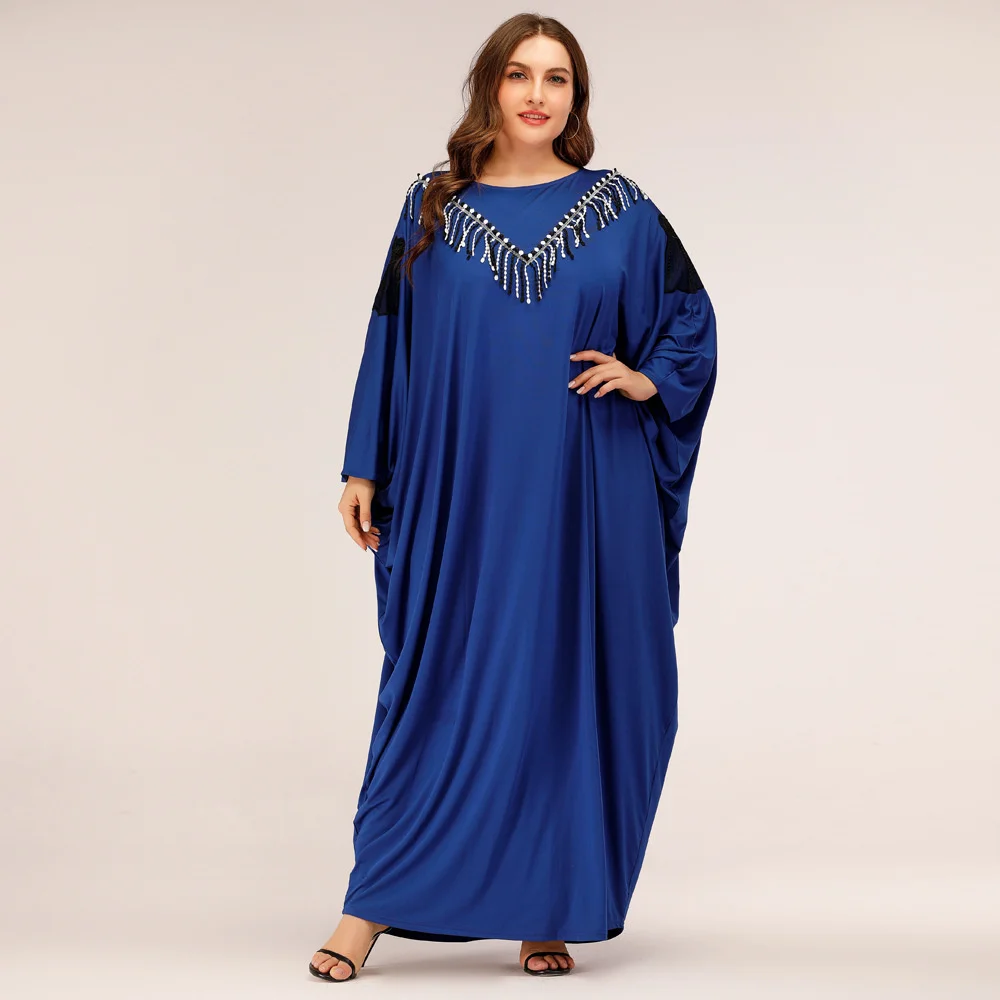 

Abaya For Women Blue Muslim Bat Long Sleeve Black And White Tassel Lace Applique Loose Large Swing Dress Dubai Turkish Islam