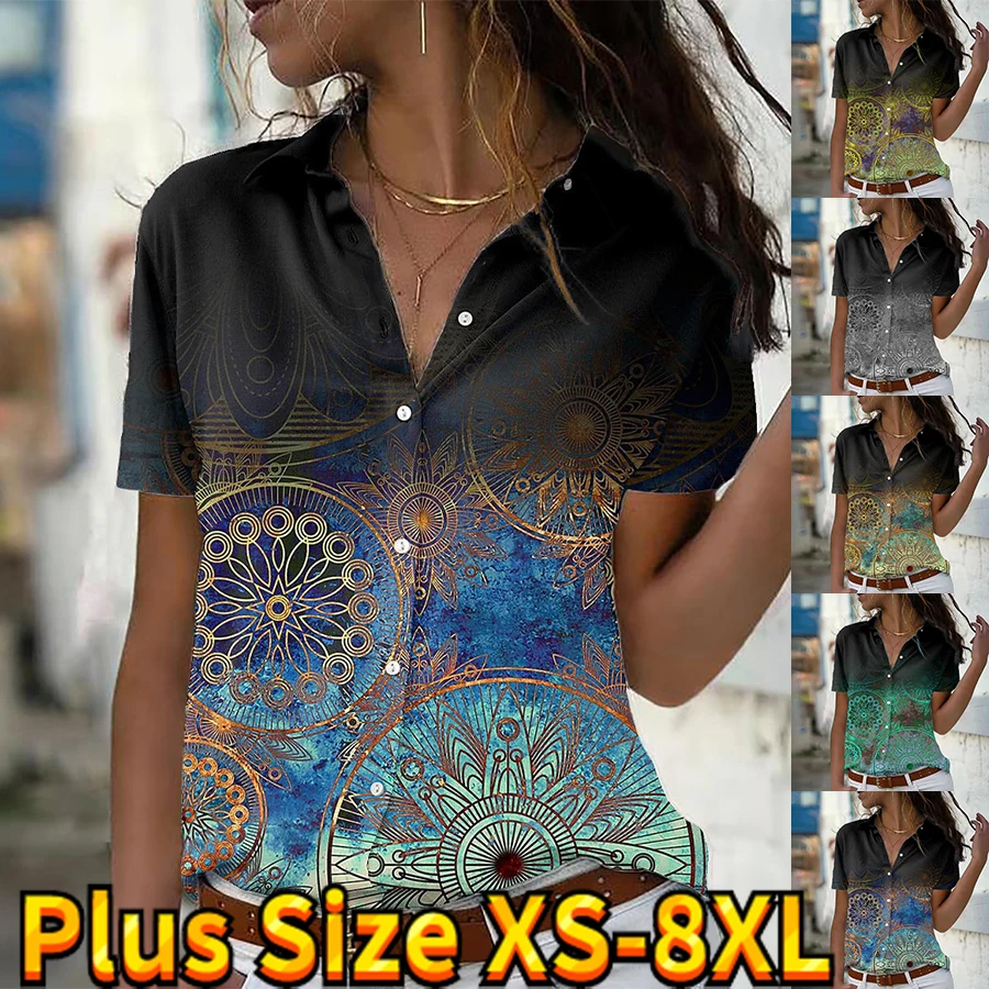 

2023 New Design Print Fashion Simple Summer Short-sleeved Slim Blouse Button-down Blouse Everyday Short-sleeved Blouse