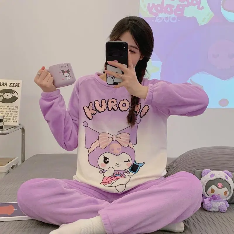 

Autumn and Winter Kawaii Anime Sanrio Y2K Hello Kitty Kuromi Pajamas Suit Flannel Long Sleeve Cartoon Thick Girl Cute Home Wear