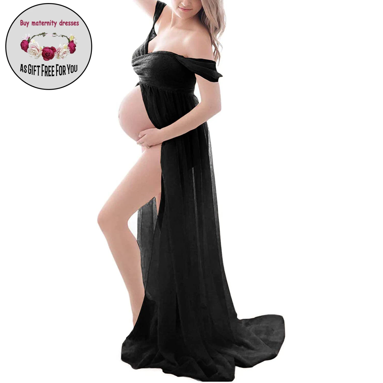 Casual Sleeveless split  Off Shoulder High Waist Pleated Maxi Loose Maternity Pregnancy Dress