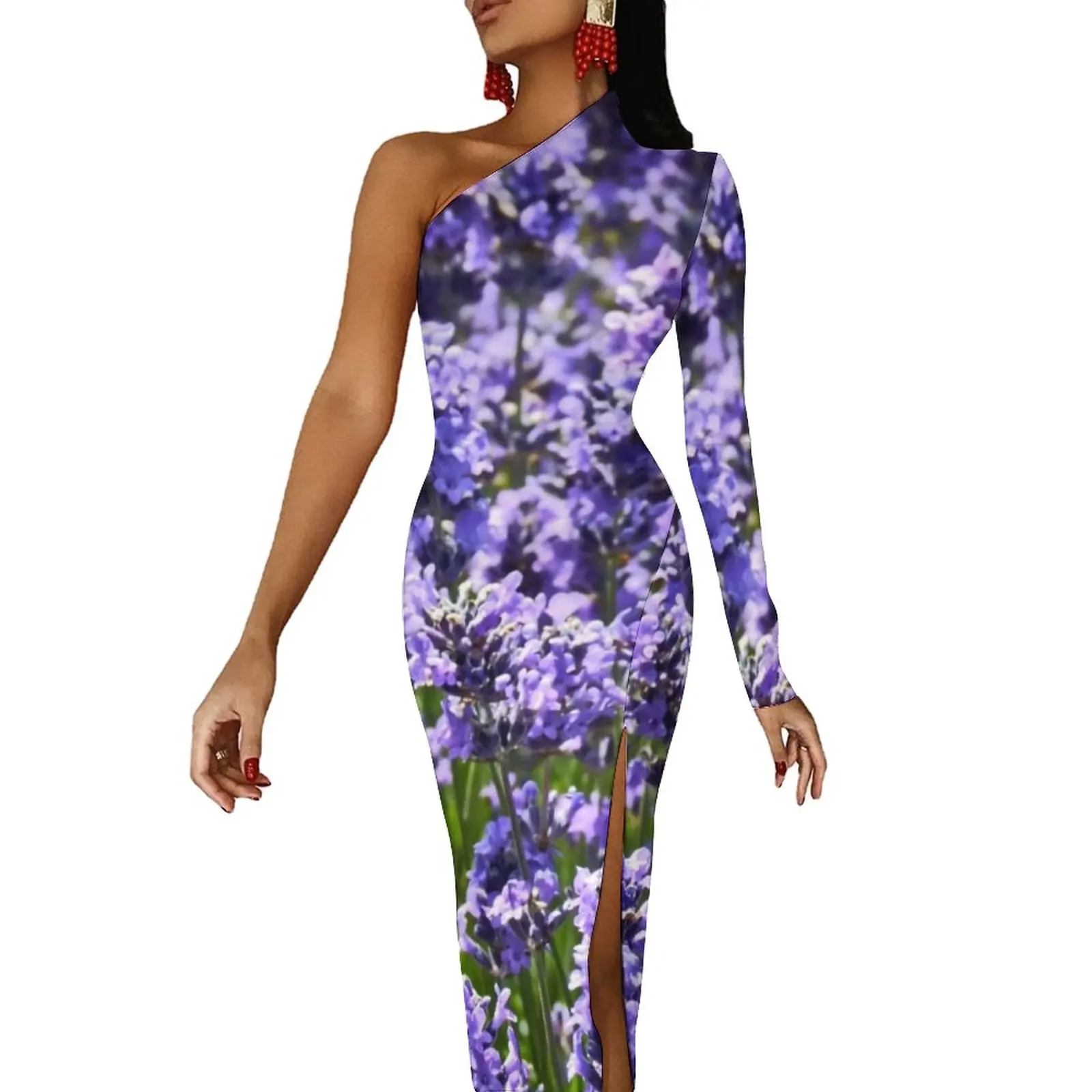 

Lovely Lavender Maxi Dress Long Sleeve England Nature Purple Flowers Sexy Bodycon Dress Streetwear Long Dresses Print Vestido