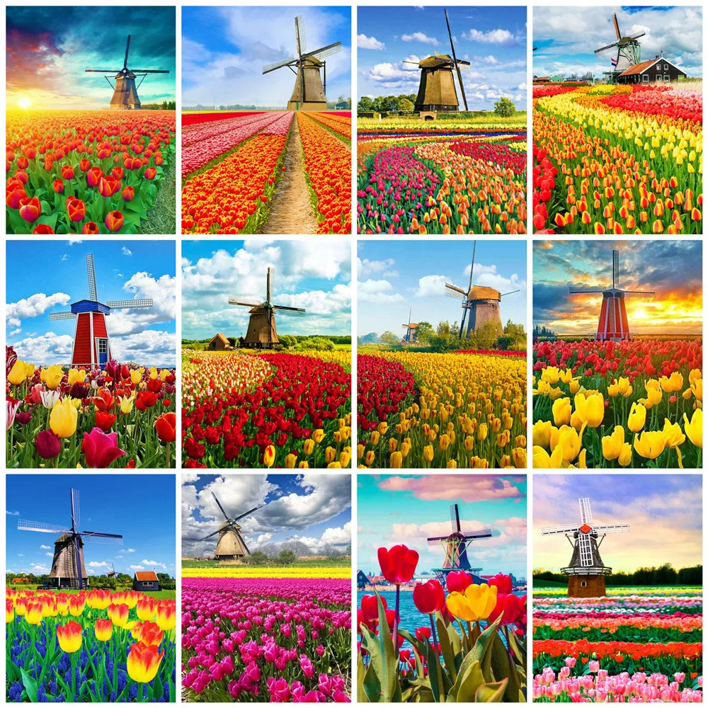 

Алмазная вышивка Huacan, тюльпаны, ветряная меница, полная выкладка, цветы, мозаика, стикер, декор