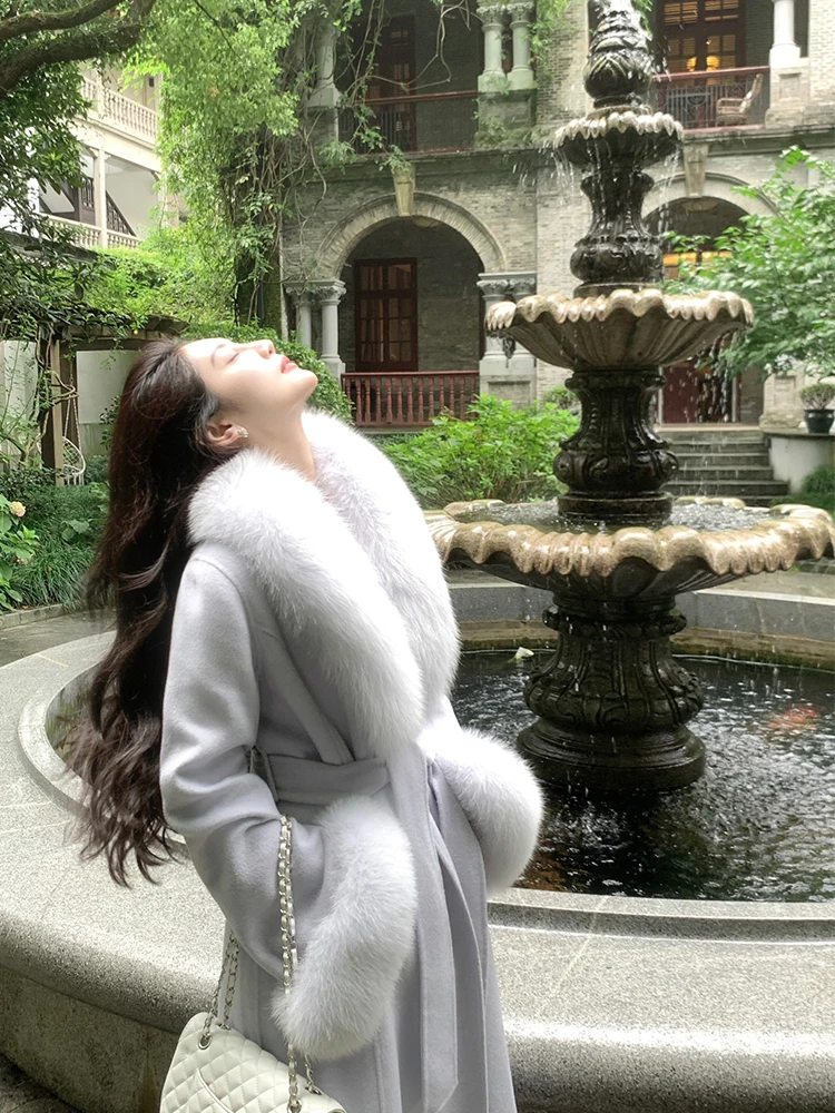 Двустороннее кашемировое пальто Boundary Phase [Song] с большим лисьим меховым воротником