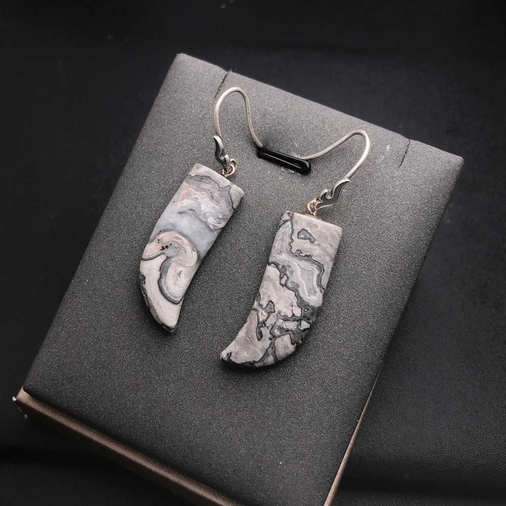 Винтажные серьги из яшмы с натуральной серо-белой картой Пикассо стерлинговое