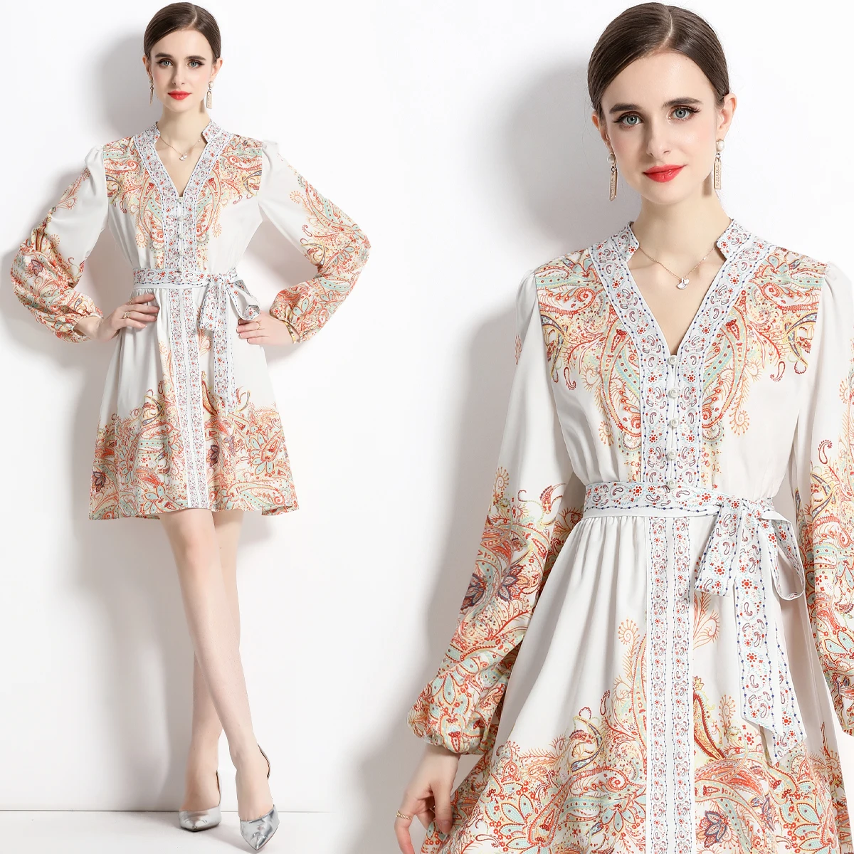 

Платье женское цельнокроеное с длинным рукавом, поясом и V-образным вырезом