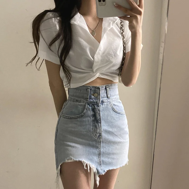 

Korean style short v-neck puff sleeve waist short-sleeved shirt women's summer
