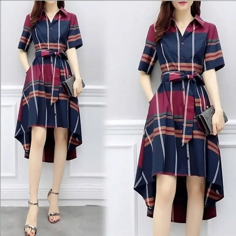 Элегантное модное асимметричное длинное платье в клетку с поясом и бантом