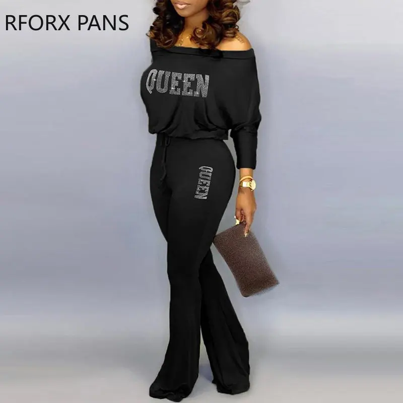 

Women Casual Long Sleeves Slash Neck Drawstring Letter Pattern Skinny Pants Sets