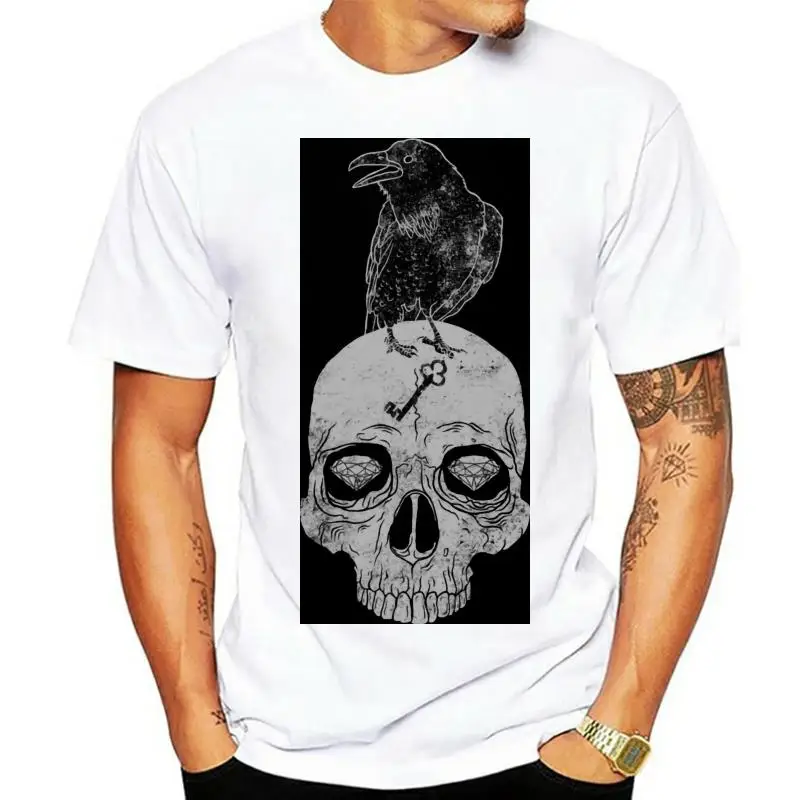 

100% Cotton Skull Tshirt Men's T-Shirt Black Tops & Tees High Quality Raven On Skull Print T Shirts Vintage Clothes Fashion