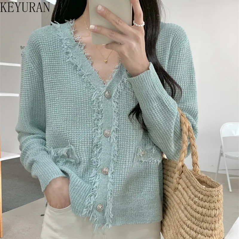 

Women Cardigan Coat Fashion Long-sleeved V Neck Single Breasted Tassel Knitted Sweater Jacket Elegant Clothes Outwear Female Top