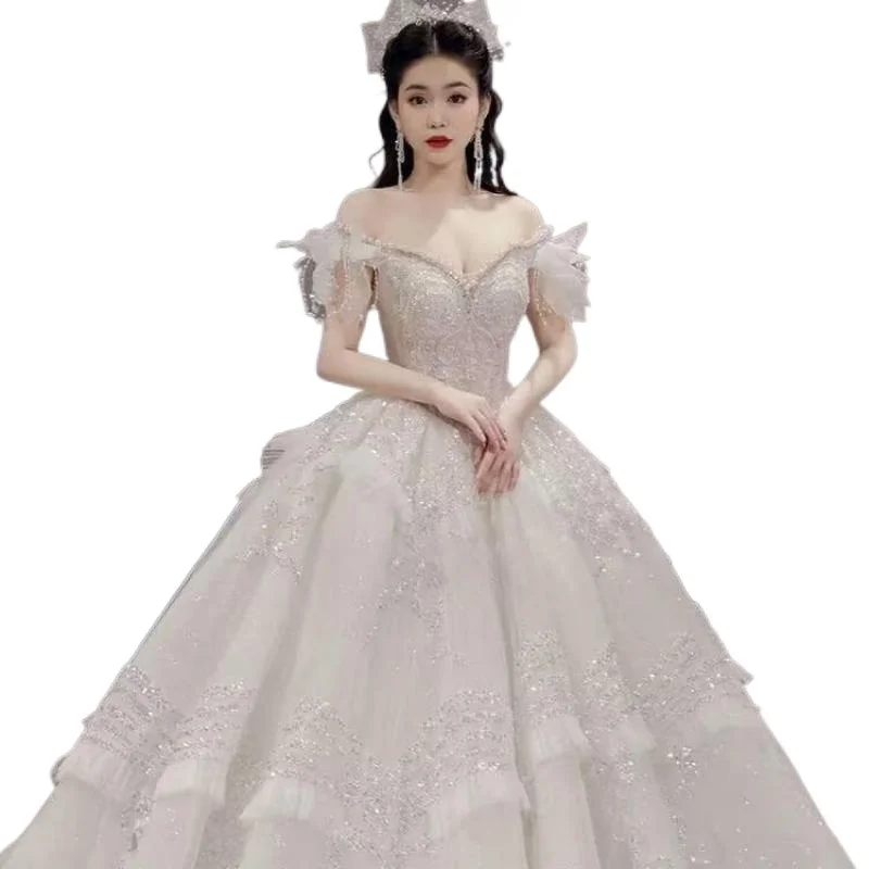 

Off The Shoulder Wedding Dress For Women 2023 Elegent Pearl Collar Lace Beading Bridal Dresses Large Size Gown Vestido De Novia