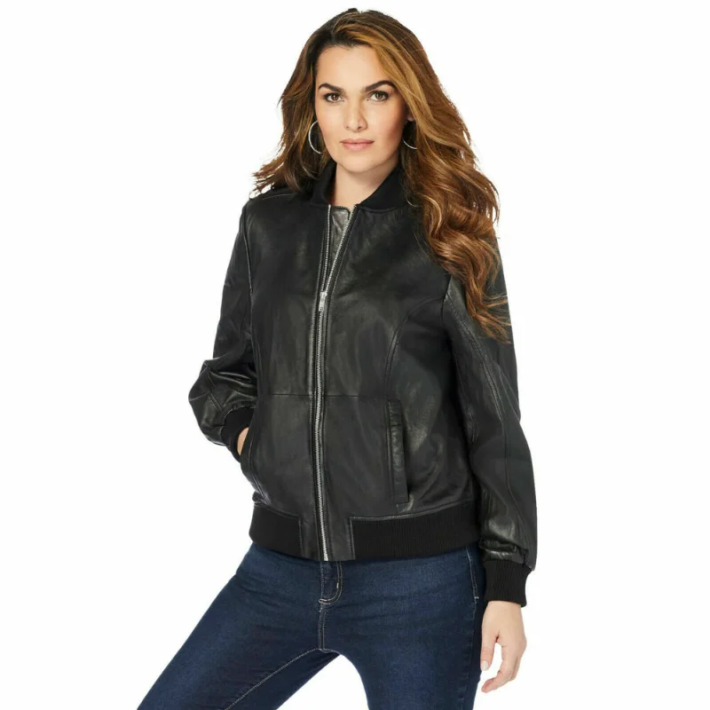 Enlarge NEW Women Collared Classic Black Lambskin Pure Leather Jacket Bomber Zip Pocket