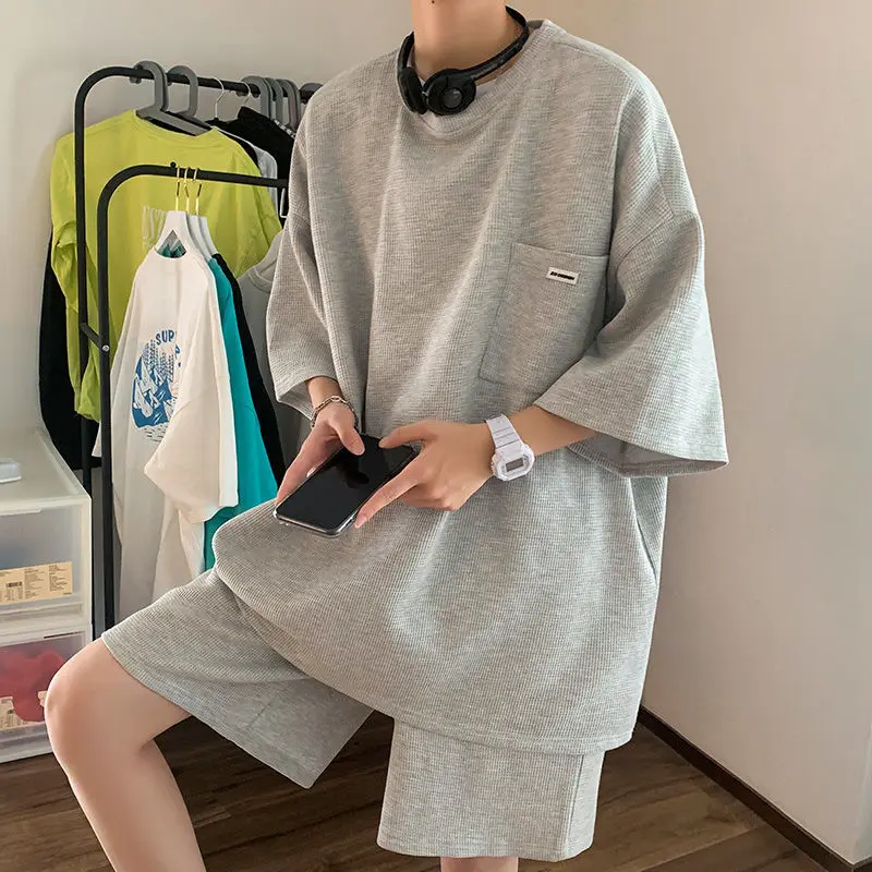

Men Set T-shirt + Shorts Two-piece Suit Gray Cotton 2022 Summer Suit Oversized Baggy Casual Fashion Basic Male T-shirts Pants