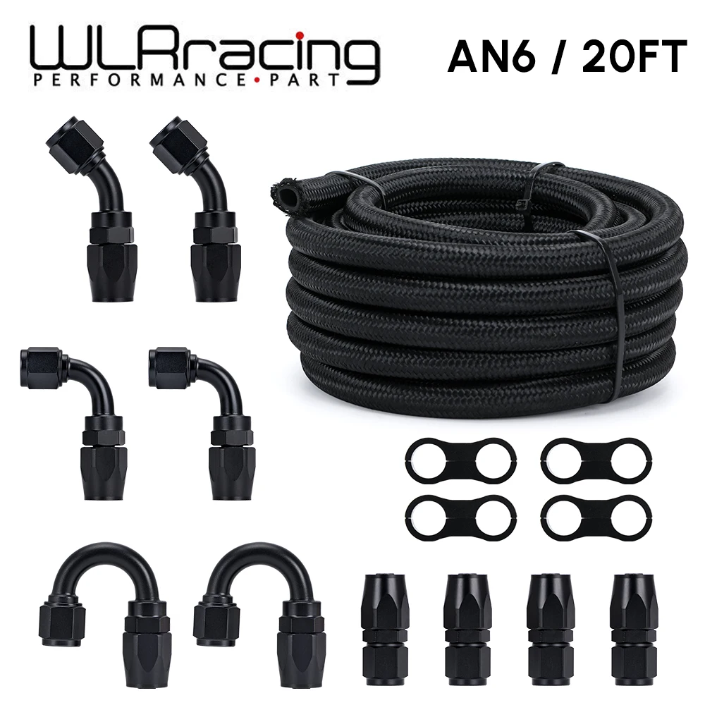 6Meter/20FT AN6  6AN Oil Fuel Fittings Hose End 0+45+90+180 Degree Stainless Steel Braided Oil Fuel Hose Line Black With Clamps