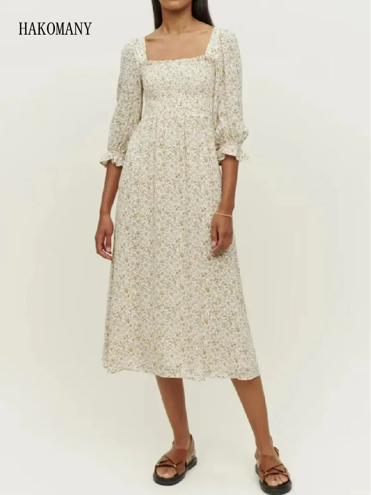 

Женское эластичное платье миди во французском стиле, желтое платье с цветочным принтом, квадратным вырезом и бантом на спине, Пляжное Платье для отдыха, 2023