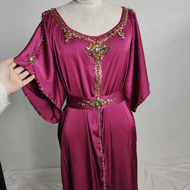 Satin Dress Dubai Abaya Jalabiya for Women Fashion Handsewn Rhiestones Crystal Off Shoulder Turkey Qtar Morocco Clothing