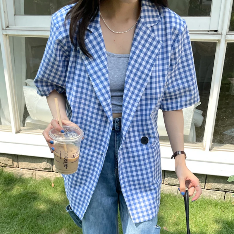 Clothland Women Summer Plaid Blazer Short Sleeve Double Breasted Jacket Retro Office Wear Coat Mujer CA532