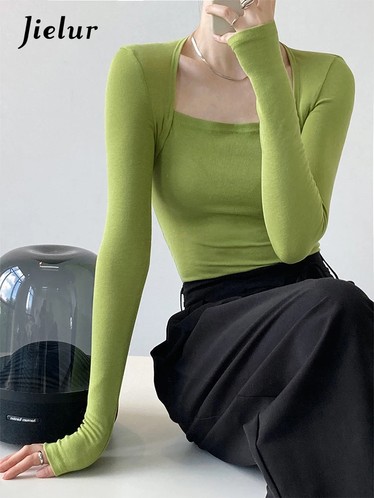 

Jielur 2022 French Gentle Long-Sleeved Square-Neck T-Shirt Women Slim Fake Two-Piece Top Autumn Solid Color Bottoming Shirt