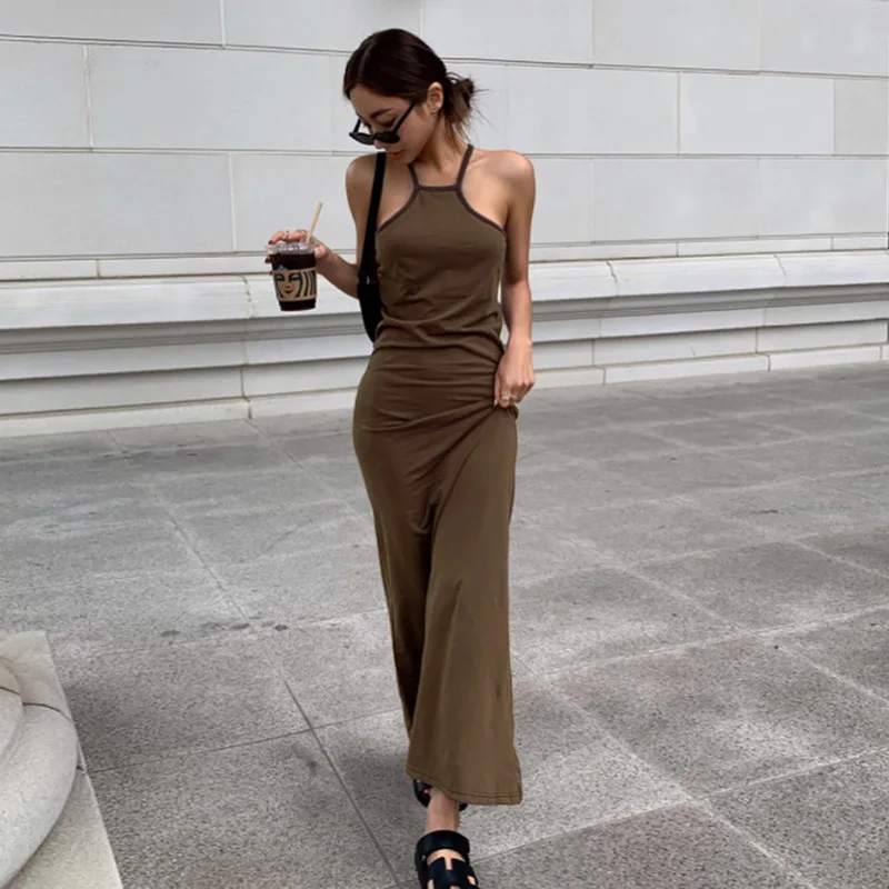 

Sleeveless Dress Women Spaghetti Strap Trumpet Sexy Suspender Dress Slim Chic All-match Solid Color Halterneck Slip Dress Female
