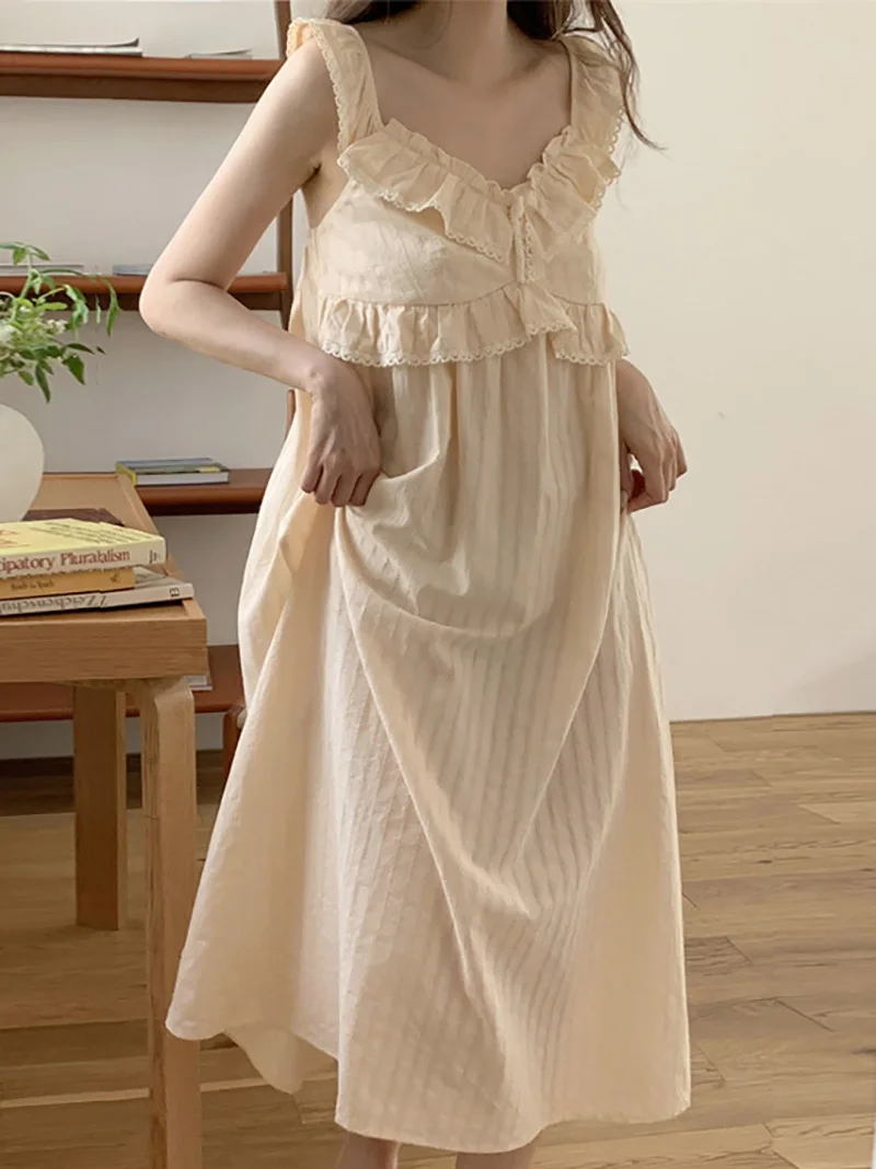 

Women Summer Korean Sweet Girls Lolita Nightgowns Ruffles Floral Suspenders Pajama Sleepwear Homewear Victorian Nightdress