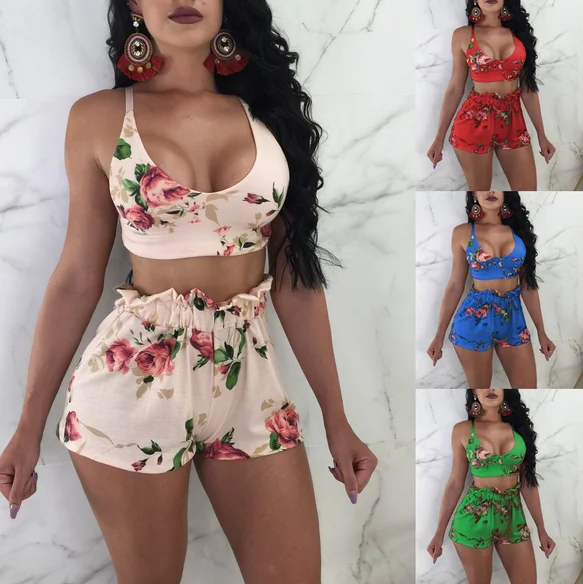 Women Summer Two Piece Set Floral Sleeveless Crop Top Shorts Outfits Summer Casual Female Set Beach Club Clothes