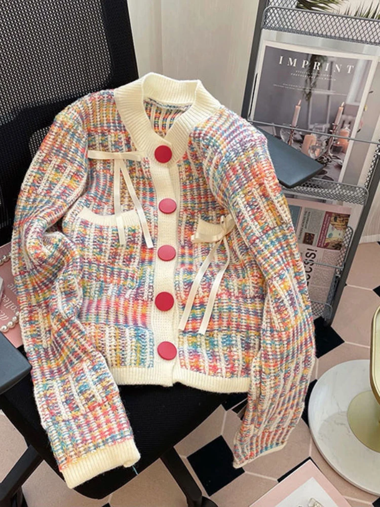 

Korobov Lovely Age Reduction Knit Tops Bowknot Pocket Design Cardigans Lazy Casual Sweater Women Fashion Pull Femme Hiver 2022