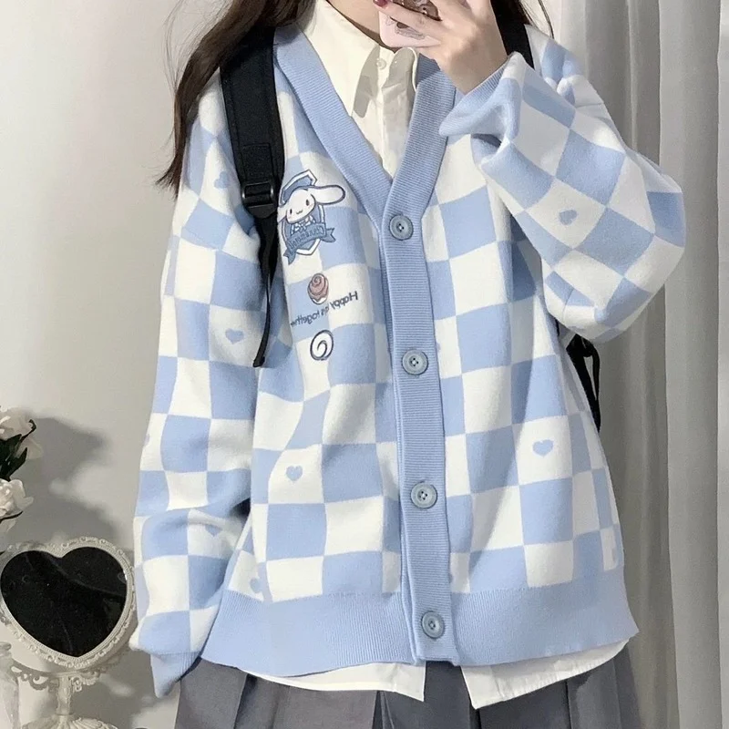 

y2k knitted women's cardigan sweater card cute cartoon embroidery Japanese Jk uniform checkerboard spring and autumn coat