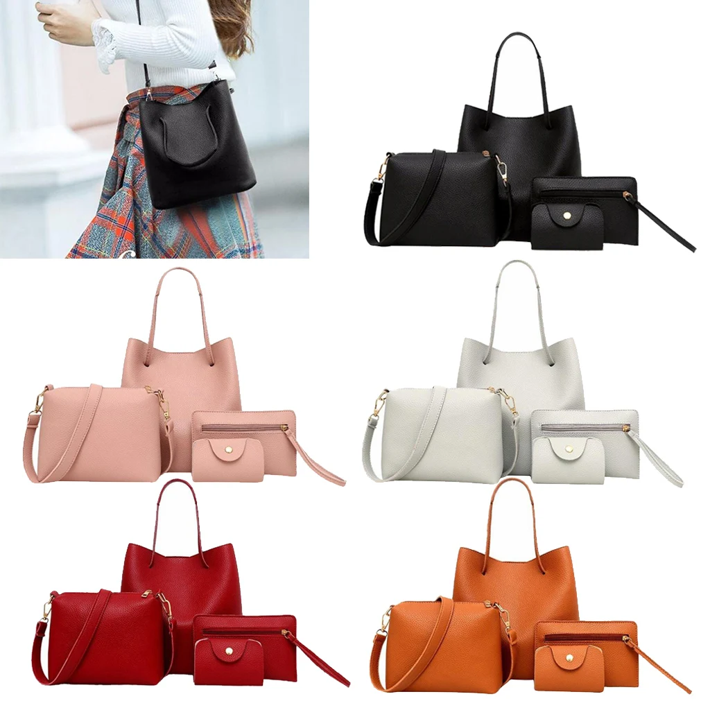 

4 Pieces Casual PU Leather Handbag Set, Cross Shoulder Bag, Wallet, Card Holder, Birthday Gift for Women