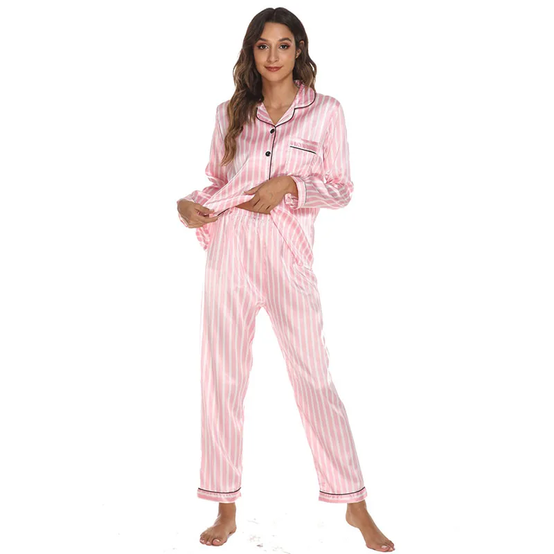 Women 2 Pieces Satin Silk Sleepwear Long Sleeve Sriped Shirts and Pants Pajamas Set