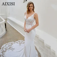 elegant mermaid wedding dress sleeveless bride vestidos de novia illusion button robe de mariee appliques lace tulle 2022