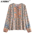 Винтажная шикарная Женская богемная блузка с цветочным принтом, V-образным вырезом, шнуровкой, рубашки с длинным рукавом и бахромой, рубашка в стиле бохо, рубашки из вискозы и хлопка