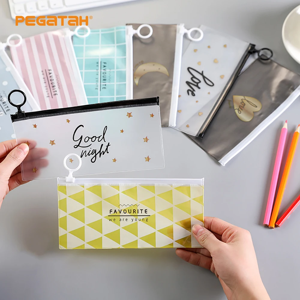 

Simple PVC Stationery Storage Bags Zipper Office Bills Files Sundries Organizers Children Student Pencil Bags Purse Wallet