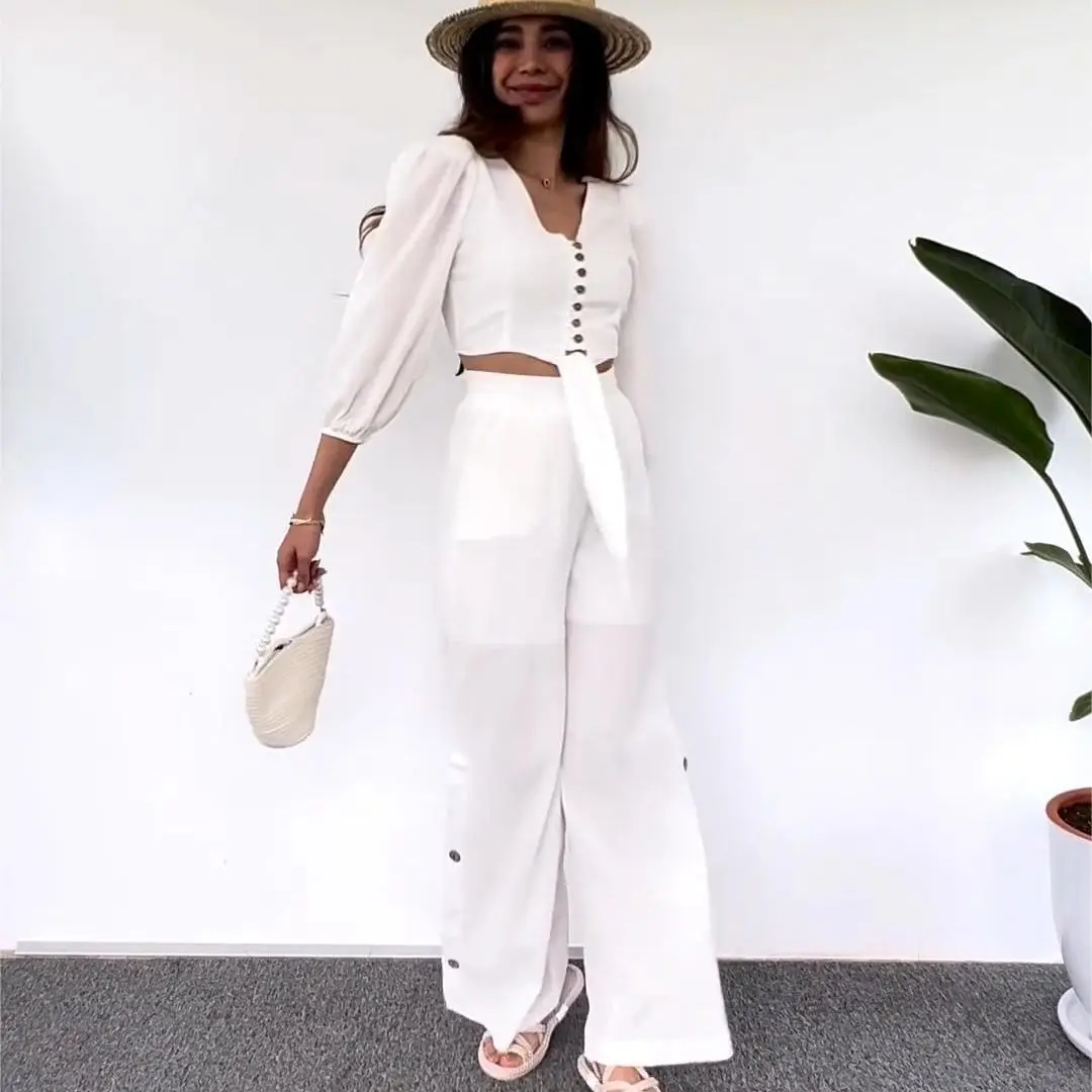

Two Piece Set Rose Red 3/4 Sleeve Blouse Tops And Pants Suits Spring Autumn Women Set Sheath Matching Fashion Tracksuit Outfit