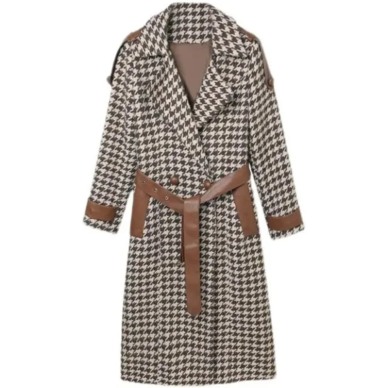 

Woolen Coat Women's Mid-length Autumn and Winter Clothes 2023 New Loose Korean Version Slim One Thousand Bird Grid Tweed Coat X1