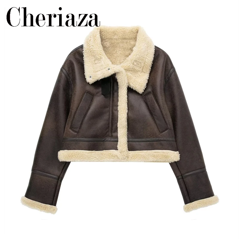 

Cheriaza Autumn Winter Woman Brown Faux Leather Jacket Long Sleeve Thickening Patchwork Lambswool Zip Short Motorcycle Jackets