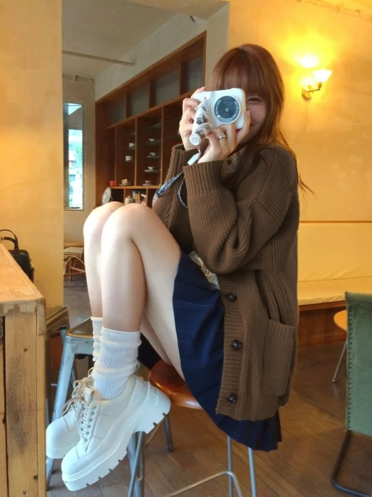 Женский трикотажный кардиган в стиле Харадзюку повседневный однотонный с