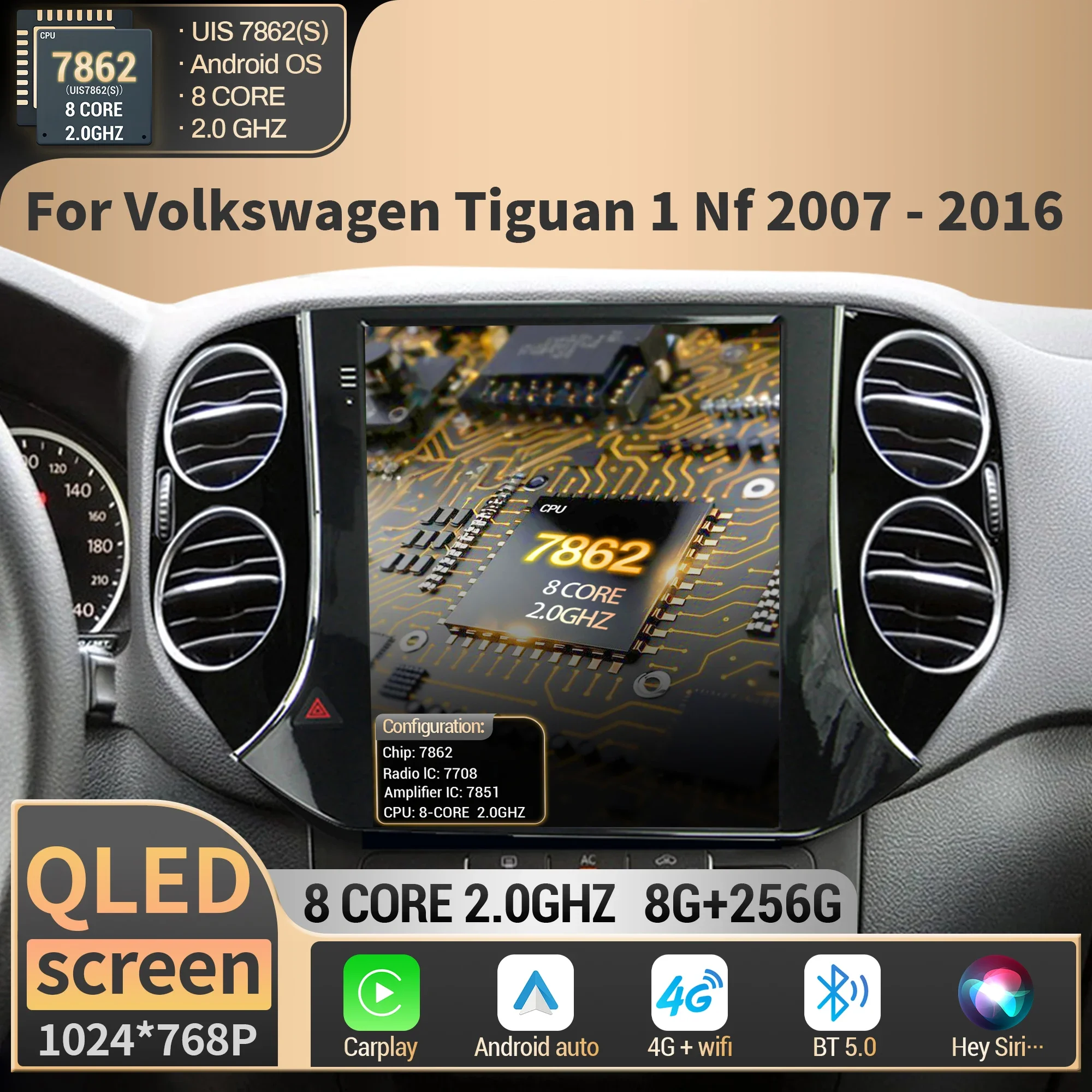 Фото 9,7-дюймовый для Volkswagen Tiguan 1 Nf 2007 2008 2009 2010-2016 Автомобильный радиоприемник с навигацией GPS BT Мультимедийный стерео сенсорный QLED экран №1