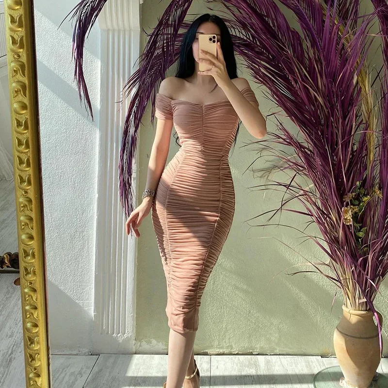 

Summer Off Shoulder Mesh Dress for Women Sexy Ruched Bodycon Dress Midi Female Vestidos 2022