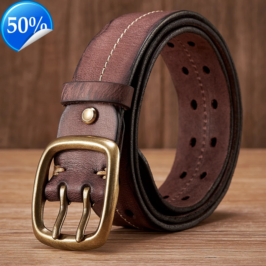 3.8CM Copper Double Needle Buckle Belt High Quality Luxury Thick Retro Real Genuine Leather Men Jeans Strap Military
