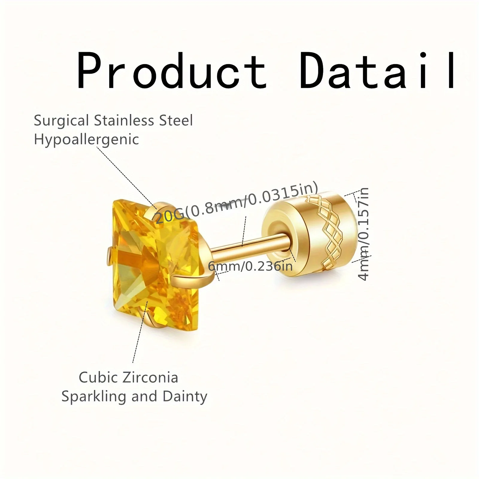 1/4 пары двухсторонних квадратных серег-гвоздиков из нержавеющей стали с