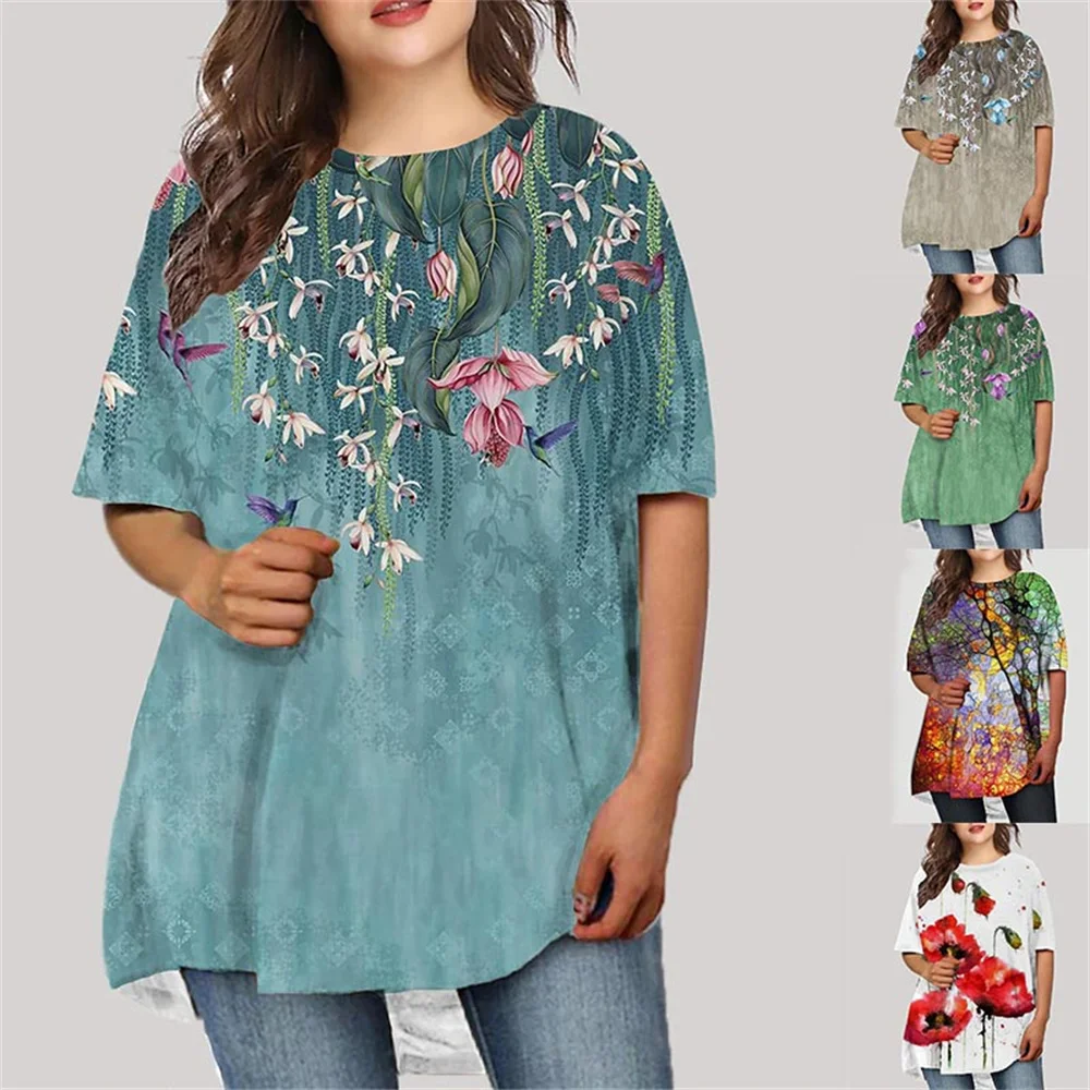 

Flower Print Women T Shirt 2023 Summer Casual Short Sleeve Round Collar Loose Oversized Tops Ladies Large Size Street Clothes