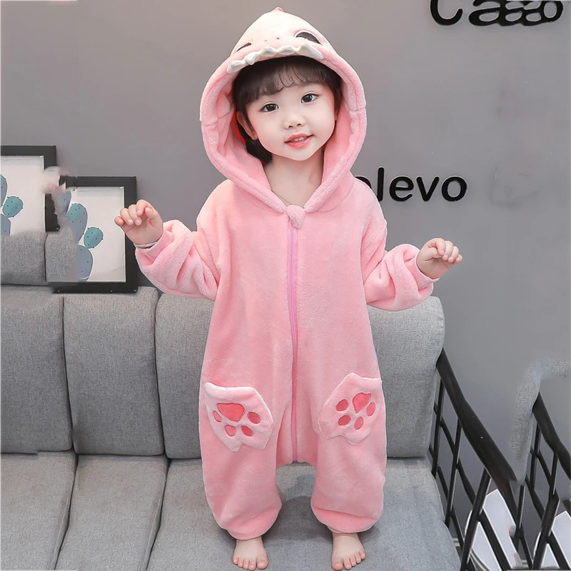 Girls' coral velvet one-piece pajamas Autumn and winter girls' children's flannel baby's winter dinosaur home clothes