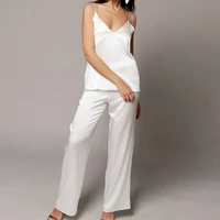 women v neck design pajamas summer 2 pieces pyjamas sleepwear set white color cami top long pants satin pijama