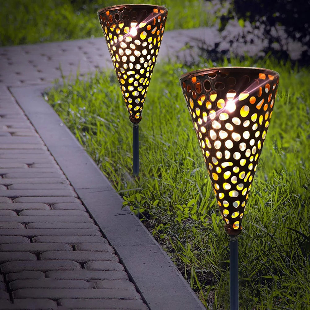 

2Pcs LED Solar Light Hollow Metal Cone Lawn Stake Lamp Outdoor Garden Decoration Solar Garden Decoration Street Light